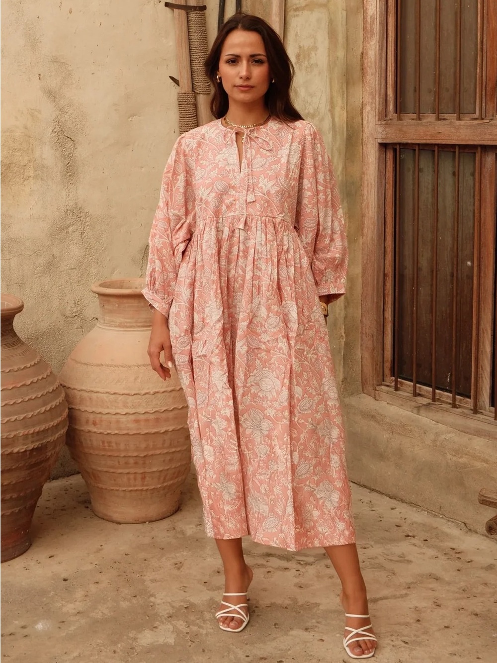 Blush Floral Tie-Neck Midi Dress